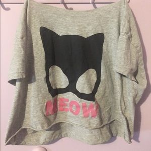 Gray Cropped Top with Cat Girl Print